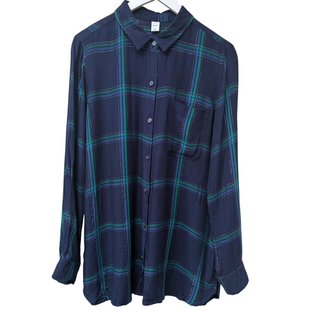 Old Navy Plaid Button Down Shirt Womens Large Navy Silver Tartan Top Rayon